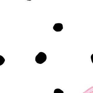May include: A white background with black polka dots scattered across the surface. The bottom of the image features two pink watercolor shapes.