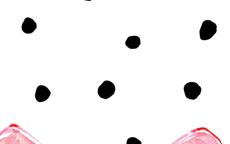 May include: A white background with black polka dots scattered across the surface. The bottom of the image features two pink watercolor shapes.