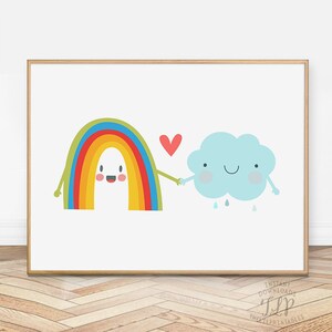 May include: A colorful rainbow with a smiling face holds hands with a blue cloud with a smiling face and a red heart between them. The cloud is raining blue raindrops.