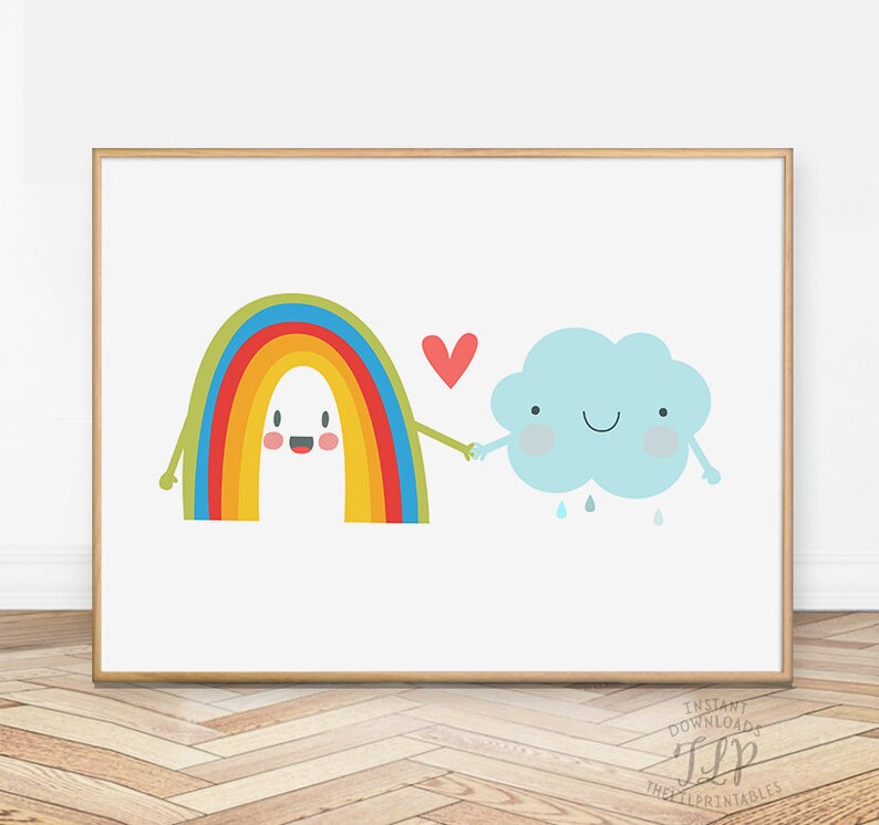 May include: A colorful rainbow with a smiling face holds hands with a blue cloud with a smiling face and a red heart between them. The cloud is raining blue raindrops.