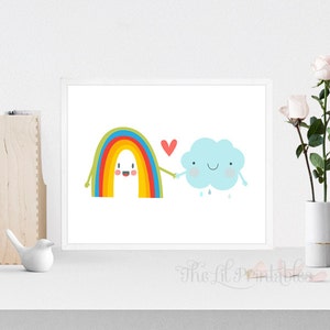 May include: A colorful rainbow with a smiling face holds hands with a blue cloud with a smiling face and a red heart between them. The cloud is raining.
