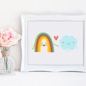 May include: A white frame with a colorful rainbow and a blue cloud with a red heart between them. The rainbow and cloud have happy faces and are holding hands.