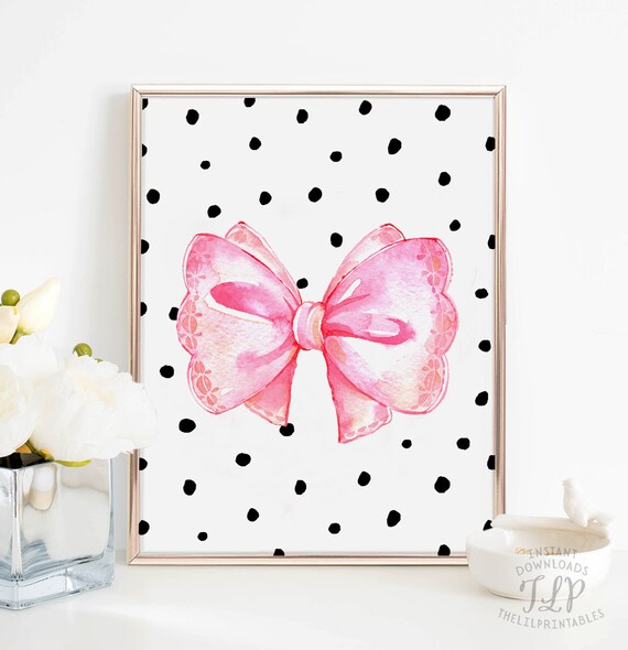 Pink Wall Art, Pink Wall Decor, Bow Print, Ribbon Print, Cute Print, Polka Dot Print, Polka Dot Decor, Kawaii Printable, Pink Printable