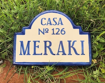 Ceramic house number plate with name - 25 x 18 cm (9.8 x 7") - Model "CASA Nº " - Custom ceramic, ceramic tile numbers and letters.