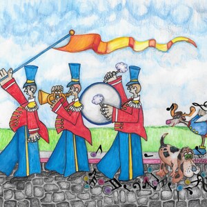 May include: A whimsical watercolor illustration of a marching band in red and blue uniforms, playing instruments and carrying a flag. A dog on roller skates and another dog are also featured. Musical notes float in the foreground.