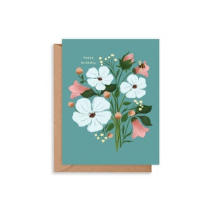 Pretty florals and bee birthday card, soft florals card, pretty stationery, sweet florals card, bee card, florals birthday card, anemones