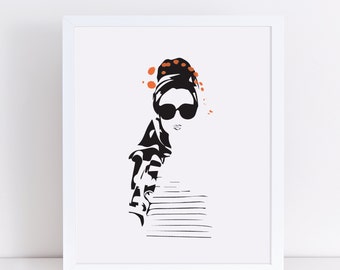 Fashion art, fashion wall art, printable fashion art, scarf art, wall art lady, lady with scarf, sunglass and scarf art, abstract fashion