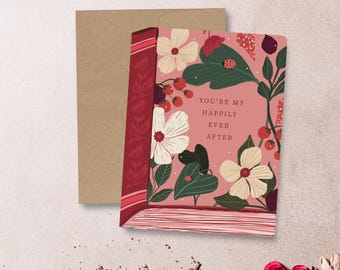 Floral Book Valentines Card | Romantic Love Note with Kraft Envelope