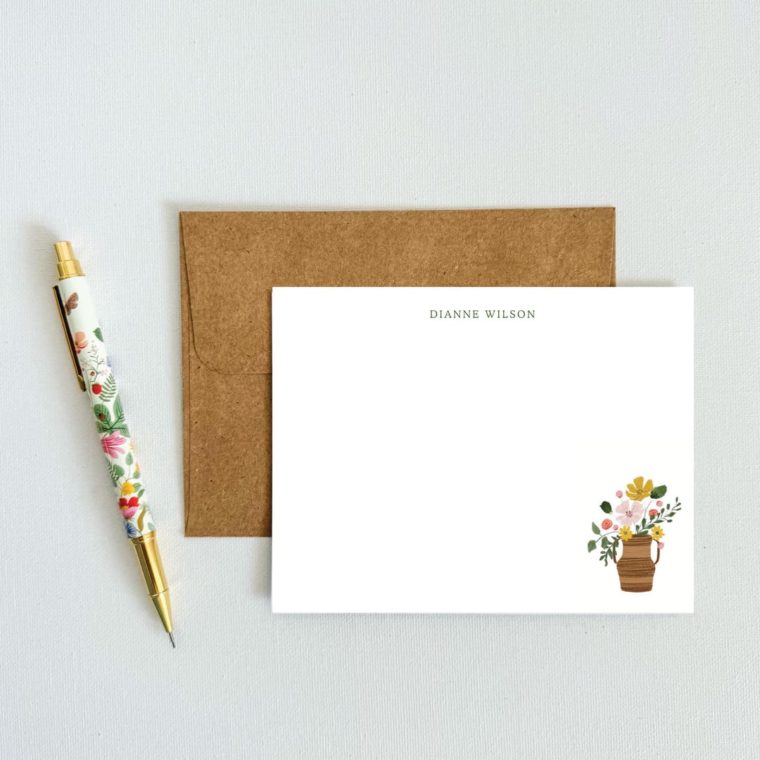 Personalized Floral Notecard Set: Custom Stationery Gift | Rattan Vase ...