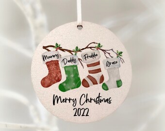 Christmas STOCKINGS 2022, Family Of Four 4 Personalised With Name, Bauble, Wood Wooden, As A  Hanging Decoration, Tree Ornament