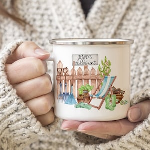 Allotment Enamel Mug, Personalised With Name, 10oz, Double Sided Cup,