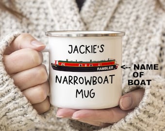 Narrowboat, Barge, Personalised Mug Cup 10oz, Name Of Boat, Enamel, Metal, Double Sided