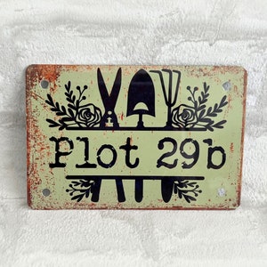 PLOT Number Allotment Plaque Sign, Personalised With Numbers Letters, Name Happy Place, Metal, Decoration, Vintage, Rusty, Garden, Shed image 1
