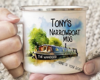 Narrowboat, Barge, Personalised Mug Cup 10oz, Name Of Boat, Enamel, Metal, Double Sided