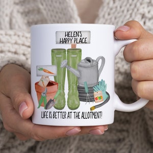 Allotment Ceramic Mug, Personalised With Name, 11oz, Double Sided Cup, Gardening, Happy Place,