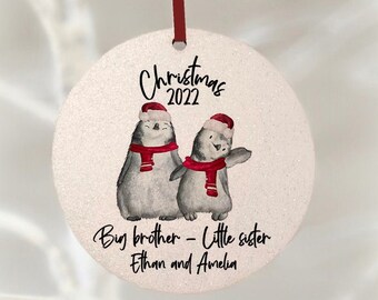 BIG BROTHER Little sister Christmas 2022, Personalised With Name, Bauble, Glitter Wood, As A, Hanging Decoration, Penguin, Tree Ornament