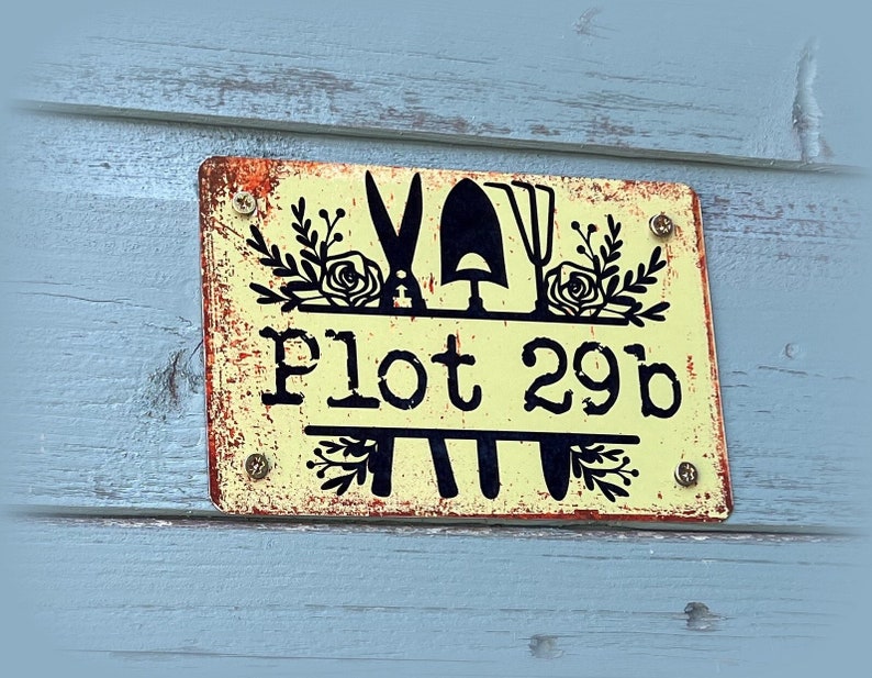 PLOT Number Allotment Plaque Sign, Personalised With Numbers Letters, Name Happy Place, Metal, Decoration, Vintage, Rusty, Garden, Shed image 3