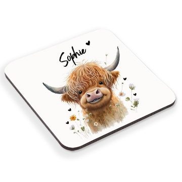 HIGHLAND COW Personalised With Name Mug Cup Coaster Mat 11oz, Double Sided, Calves Gift Present Secret Santa Stocking Filler Ceramic Free