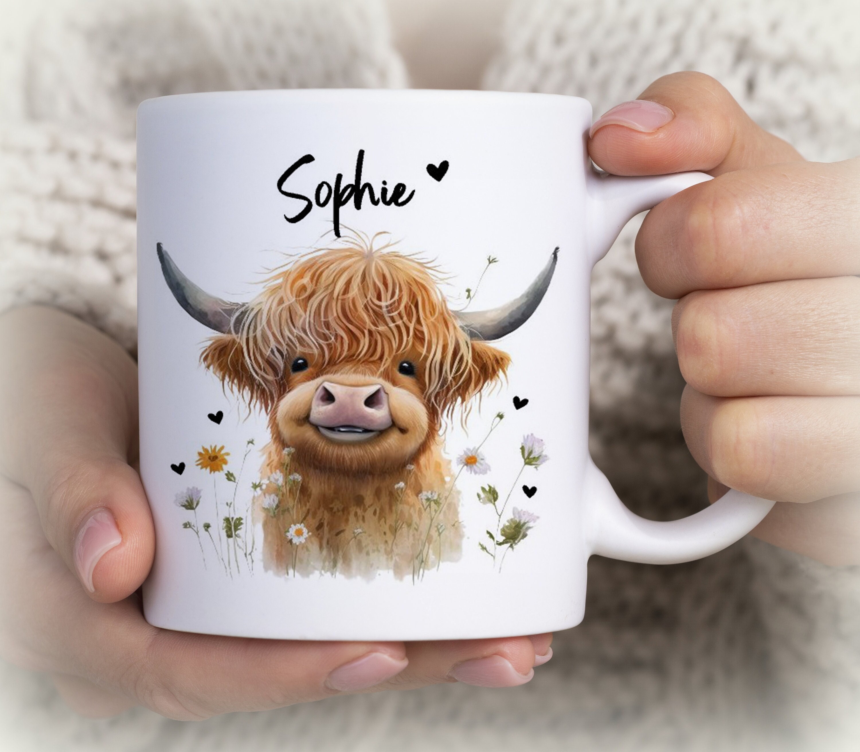 HIGHLAND COW Personalised With Name Mug Cup Coaster Mat 11oz, Double Sided, Calves Gift Present Secret Santa Stocking Filler Ceramic Free