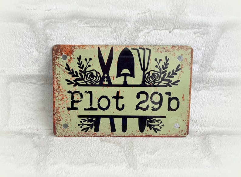 PLOT Number Allotment Plaque Sign, Personalised With Numbers Letters, Name Happy Place, Metal, Decoration, Vintage, Rusty, Garden, Shed image 1