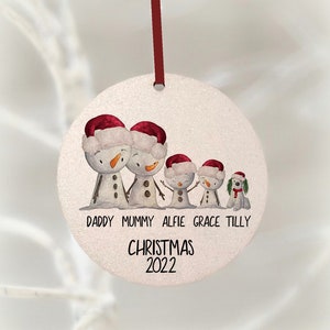 SNOWMEN Family 2 CHILDREN Dog, Christmas 2022, Personalised With Name Bauble Pet, Wood Wooden, Hanging Decoration, Snowman Girl Boy Ornament