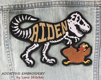 Tyrannosaurus T-Rex Dinosaur Personalized Iron On Patch Chasing Thanksgiving Turkey Dino Embroidered Custom Applique