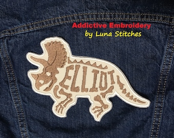 Triceratops Dinosaur Personalized Iron On Patch Embroidered Custom Dino Applique ivory fabric brown thread