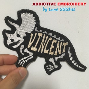 Triceratops Dinosaur Personalized Iron On Patch Dino Skull Bones Embroidered Custom Applique image 3