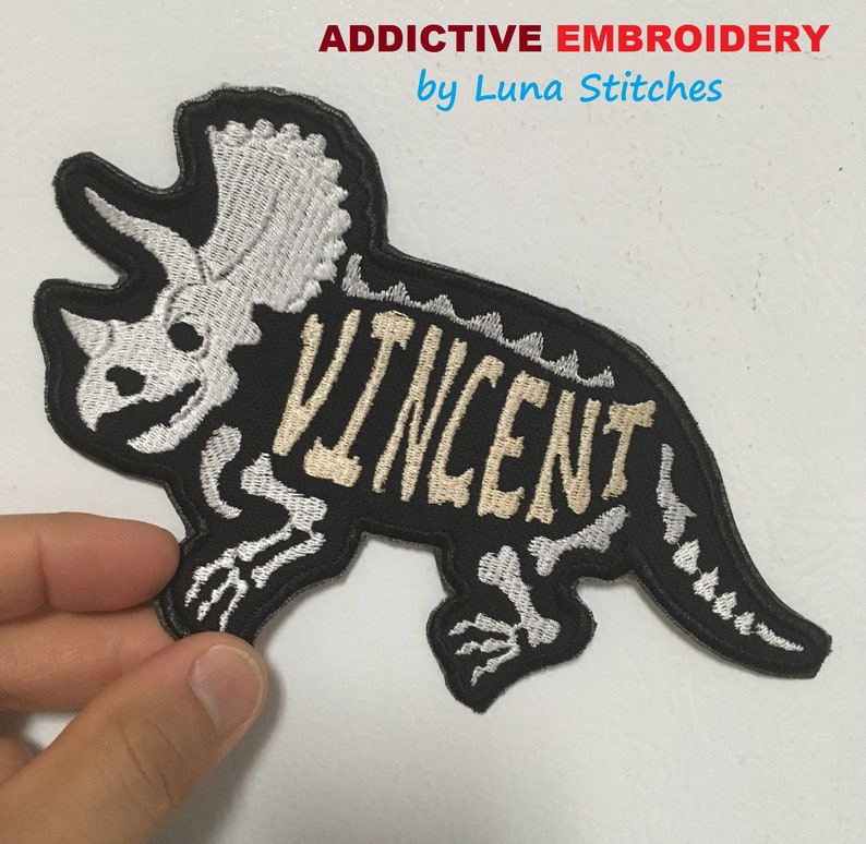 Triceratops Dinosaur Personalized Iron On Patch Dino Skull Bones Embroidered Custom Applique image 3