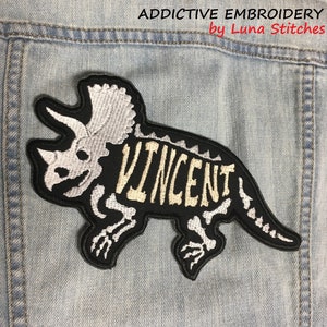 Triceratops Dinosaur Personalized Iron On Patch Dino Skull Bones Embroidered Custom Applique image 1