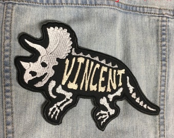 Triceratops Dinosaur Personalized Iron On Patch Dino Skull Bones Embroidered Custom Applique