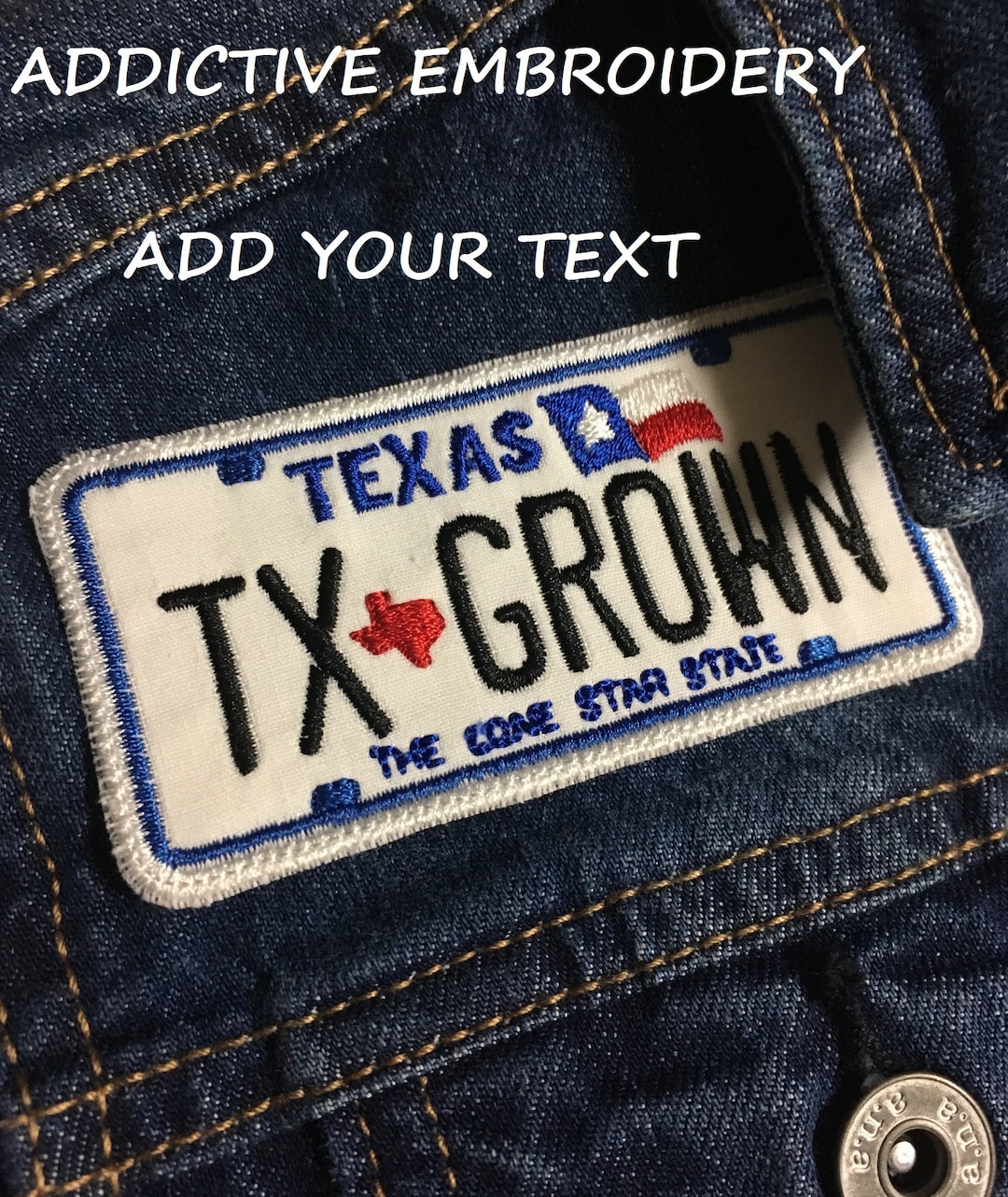 Texas License Plate TX Grown ADD Your Text Iron on Patch Embroidered