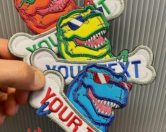 Iron On Patch T-Rex Dinosaur Head and Bone Personalized Back to School Iron On Patch Embroidered Custom Applique Dino Tyrannosaurus Kids