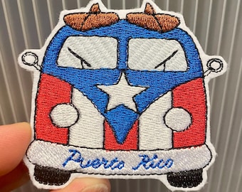Surfing Wagon Bus Puerto Rico Flag PR Isla del Encanto Boricua Iron On Patch Surfing Embroidered Felt USA