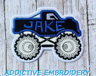 Monster Truck Race Car Personalized Name Iron On Patch Embroidered Applique Custom Name Tag