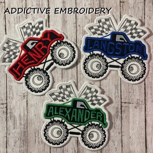 Monster Truck Race Car Checkered Flag Personalized Iron On Patch Embroidered Applique Custom Name Tag
