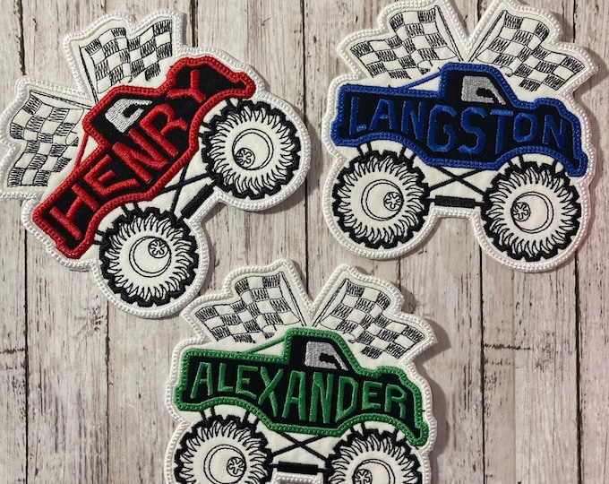 Featured listing image: Monster Truck Race Car Checkered Flag Personalized Iron On Patch Embroidered Applique Custom Name Tag