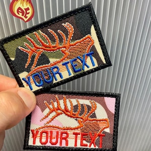 Embroidered Name Camo Hunting Antlers Tag Custom Personalized Patch Tactical Patch Jacket Iron-On, Sew-On or Velcro Patch