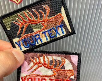 Parche personalizado bordado con nombre, estampado de camuflaje y astas de caza. Parche táctico para chaqueta. Se puede planchar, coser o usar con velcro.