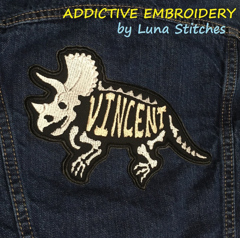 Triceratops Dinosaur Personalized Iron On Patch Dino Skull Bones Embroidered Custom Applique image 2