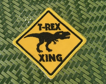 Tyrannosaurus T-Rex Dinosaur Xing Aware Warning Sign Iron On Patch Embroidered Applique Dino