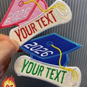 Etiqueta personalizada com nome para chapéu de formatura, fita, patch termocolante personalizado, aplique bordado personalizado para beca, diploma ou capelo escolar/universitário