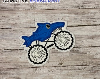 SHARK Monster Truck Race Car Personalized Iron On Patch Embroidered Applique Custom