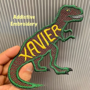 Tyrannosaurus T-Rex Dinosaur Personalized Iron On Patch Embroidered Custom Applique Brown fabric Green Outline Dino