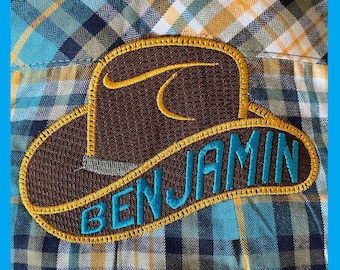 Cowboy Western Hat Personalized Name Iron On Patch Embroidered Applique Custom Name Tag