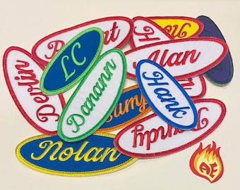 Etiqueta de identificação bordada, patch personalizado em formato oval para jaqueta ou uniforme, para costurar ou aplicar com ferro de passar.