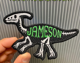 Iron On Patch Parasaurolophus Dinosaur Personalized Back to School Iron On Patch Embroidered Custom Applique Dino Tyrannosaurus Name Tag