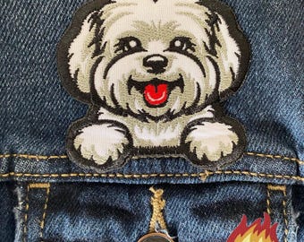 Dog Maltese Cute Iron On Patch Embroidered Pocket Peeking peek Pet Bichon Frise Havanese USA