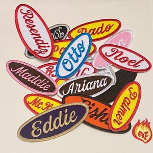 Op de afbeelding: Een verzameling ovaalvormige geborduurde naamplaatjes in diverse kleuren, waaronder rood, geel, blauw, roze, bruin, oranje en paars. Elk plaatje is voorzien van een unieke naam in een cursief lettertype, zoals Resendiz, Otto, Noel, Maddie, Ariana, Palmer en Eddie.