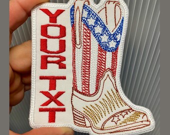 Cowboy Boots Personalized Iron On Patch Embroidered Custom Applique Name Badge Western USA Flag